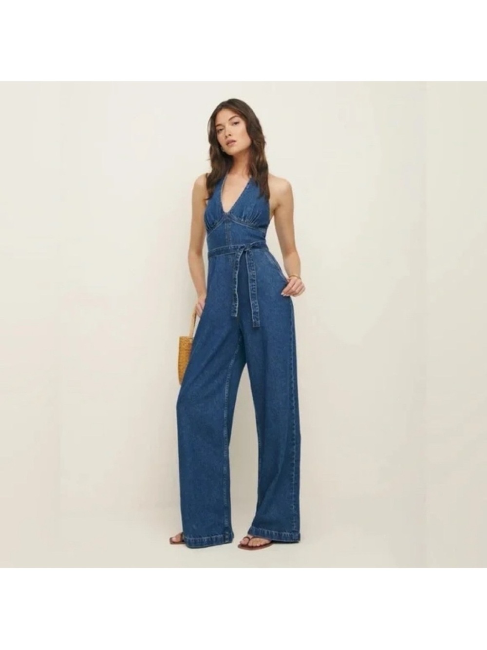 Reformation Elena Denim Halter Wide-Leg Jumpsuit - Blue